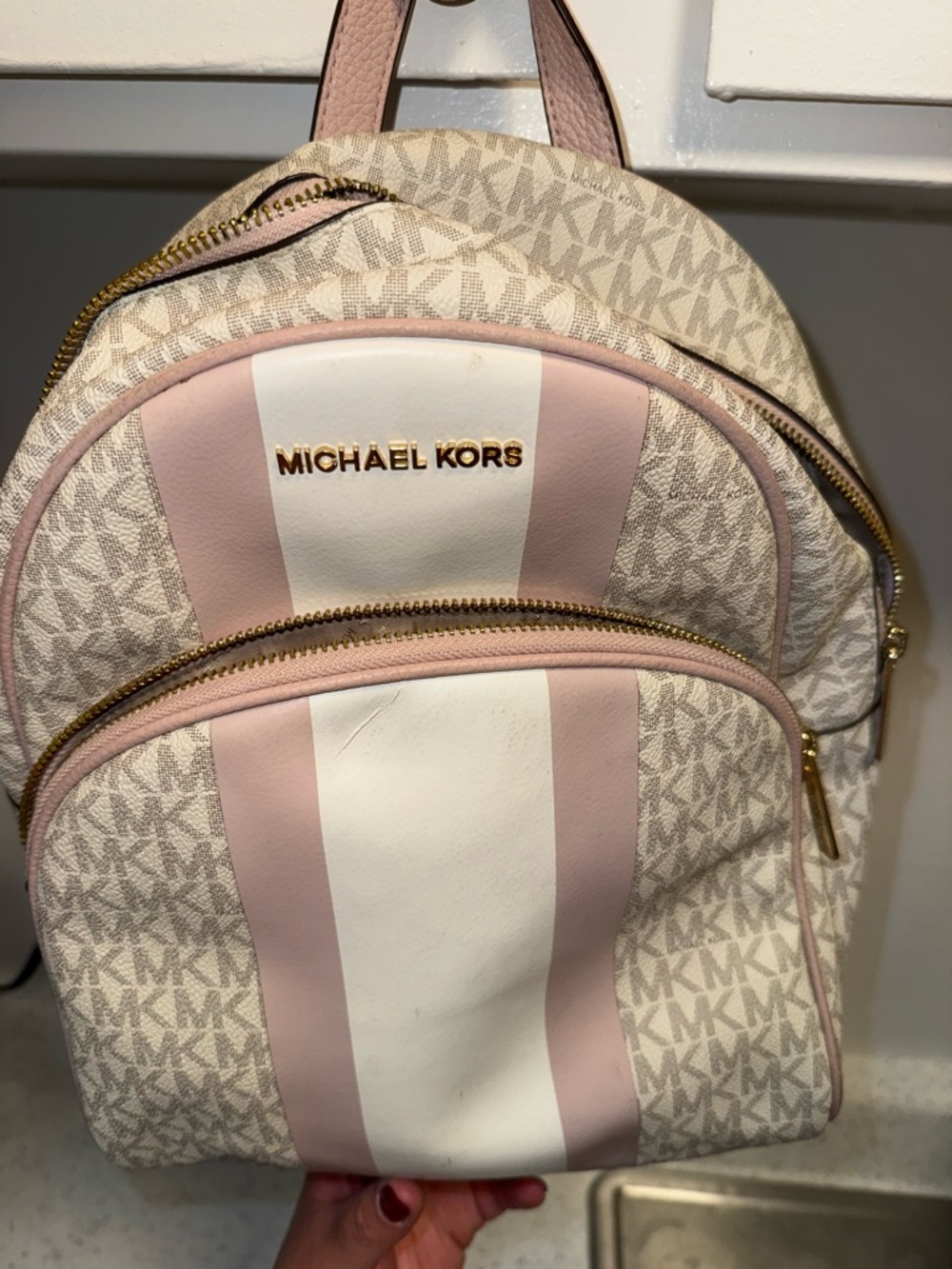 Michael Kors Cream and Pink Logo Stripe Mini Backpack